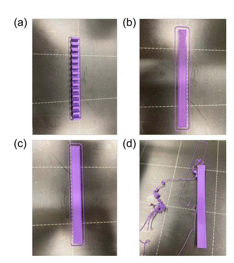 Printed objects showing normal, under-extruded, over-extruded, and spaghetti defect classes