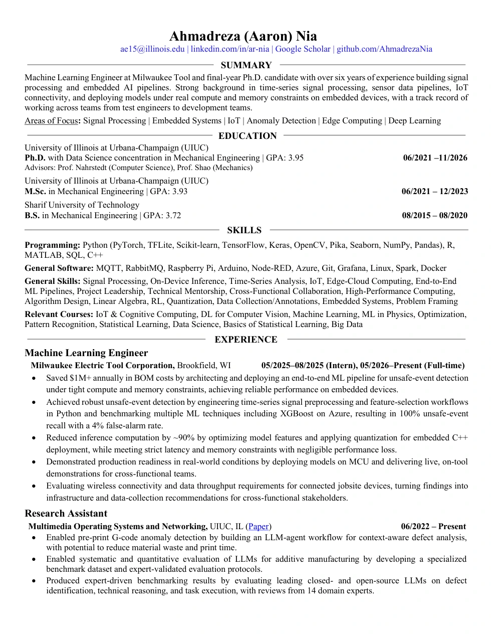 Page 1 of Aaron Nia’s résumé: profile, education, skills, and experience