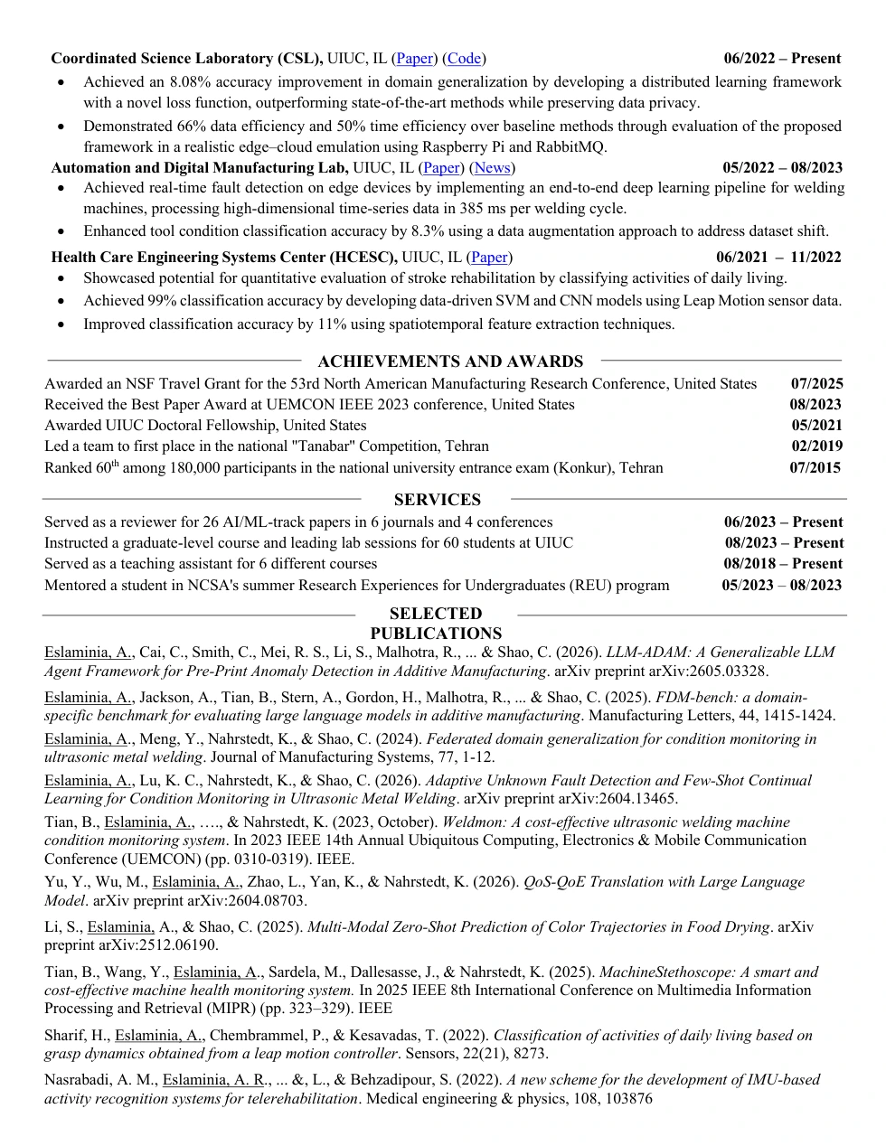 Page 2 of Aaron Nia’s résumé: research publications, honors, teaching, and academic service